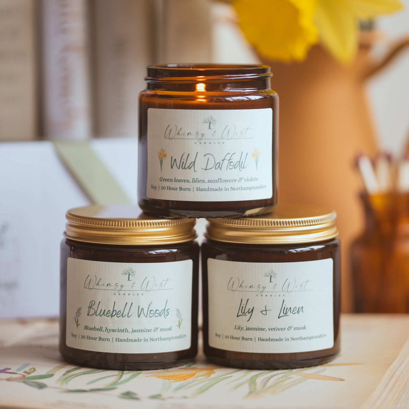 Set of three spring soy candles in amber jars – floral seasonal scents UK