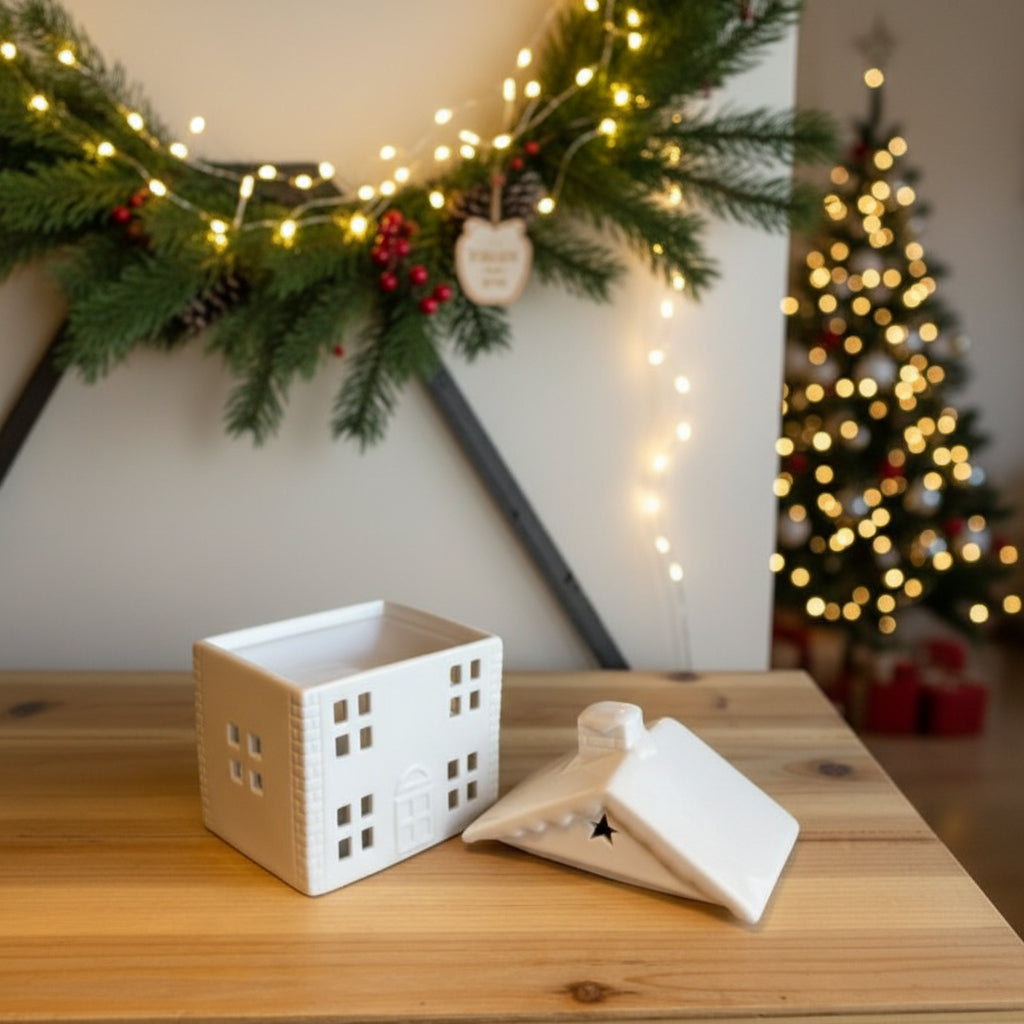 Ceramic house wax melt burner with the roof lid off, with a festive background