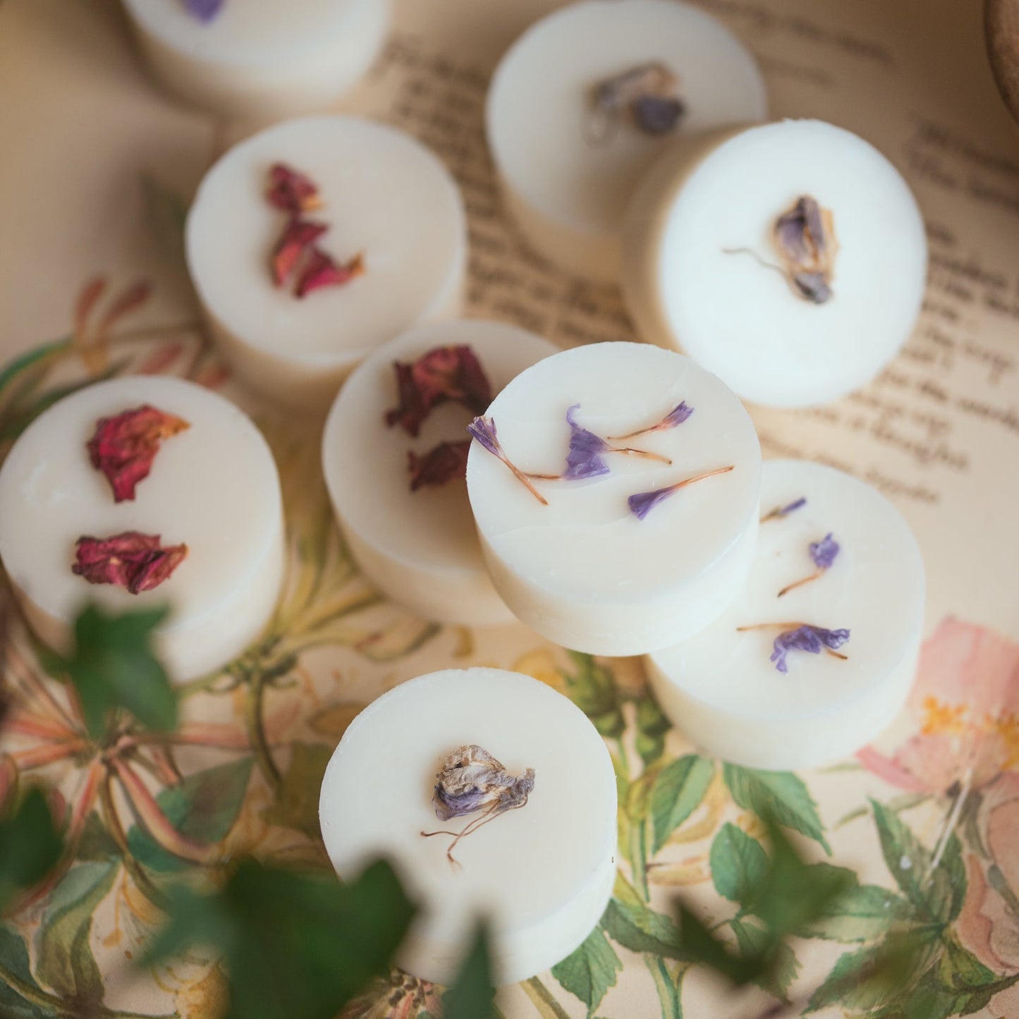 Wax melts with dried flowers on a vintage book