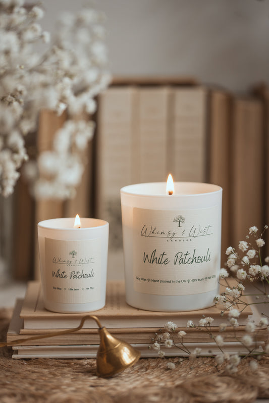 White Patchouli Soy Candle. Available in 2 sizes