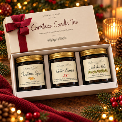 Open Christmas Candle Trio gift box with Christmas Spice, Winter Berries and Deck the Halls 120ml amber jar candles