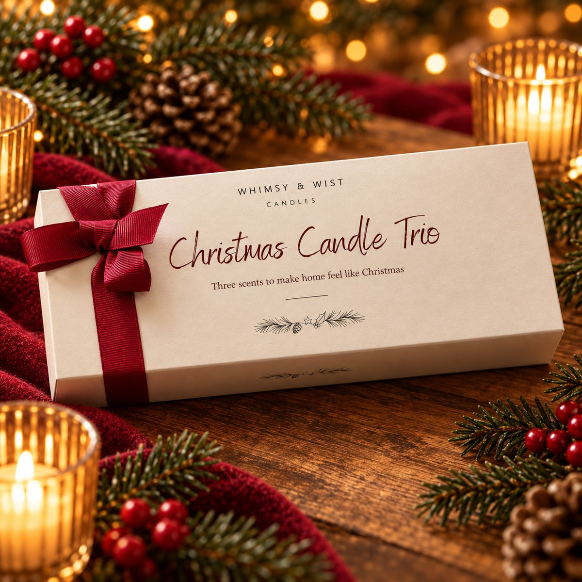 Whimsy & Wist Christmas Candle Trio gift box in cream with a red ribbon, among pine, berries and glowing candles