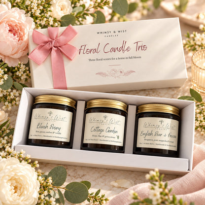 Open Floral Candle Trio gift box with Blush Peony, Cottage Garden and English Pear & Freesia 120ml amber jar candles among peonies