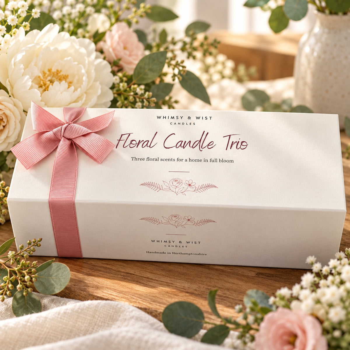 Whimsy & Wist Floral Candle Trio gift box with a pink ribbon, surrounded by peonies, gypsophila and eucalyptus