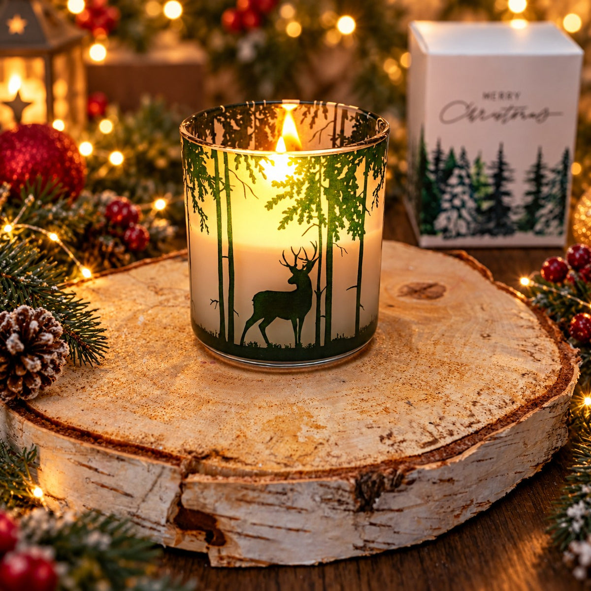 Winter's Tale wood wick Christmas candle glowing in a winter forest and stag printed jar on a birch slice, with its Merry Christmas gift box, pine cones and fairy lights